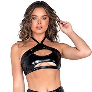 Vinyl Cut Out Rave Crop Top Black, Large